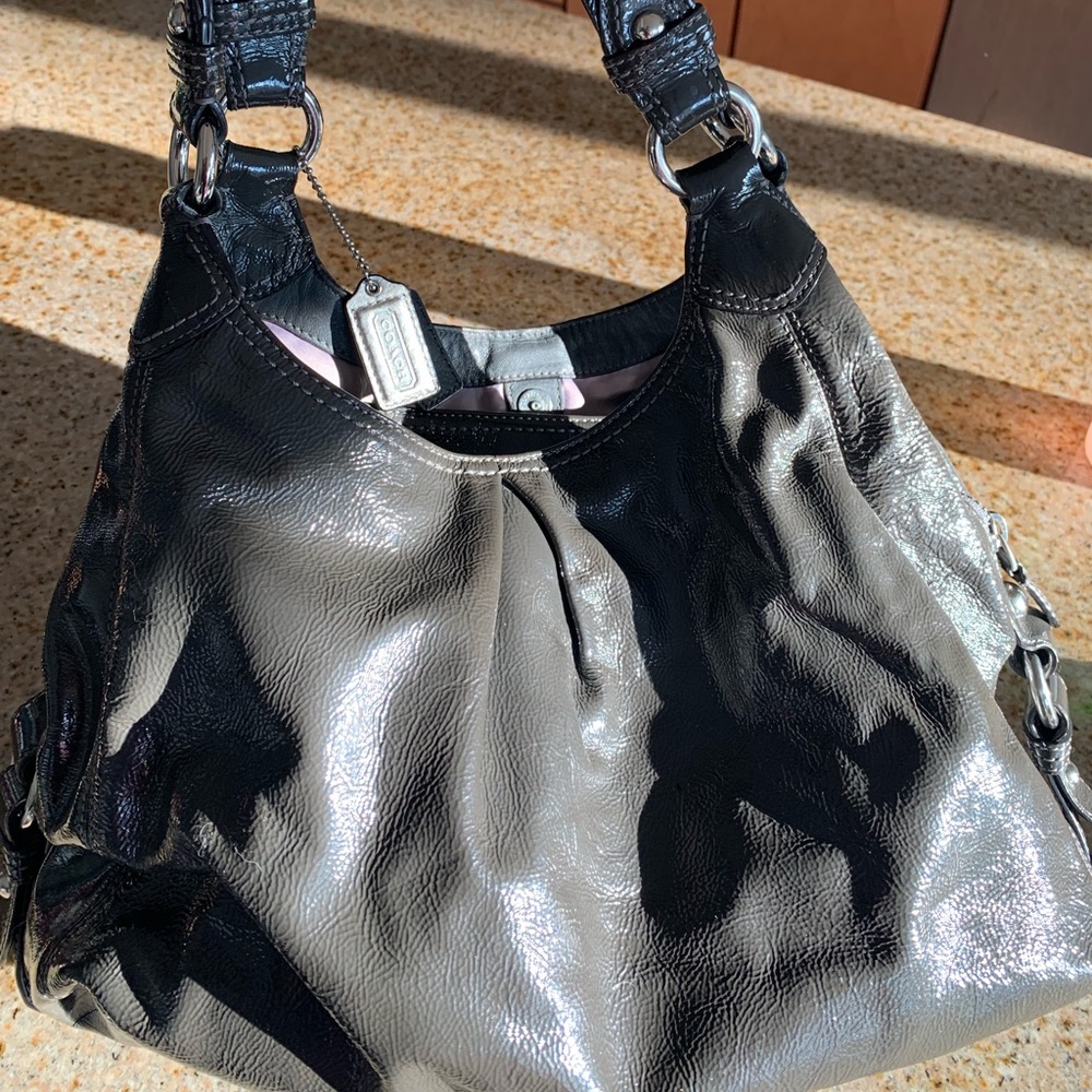 Coach Grey Patent leather Maggie with Coach tags